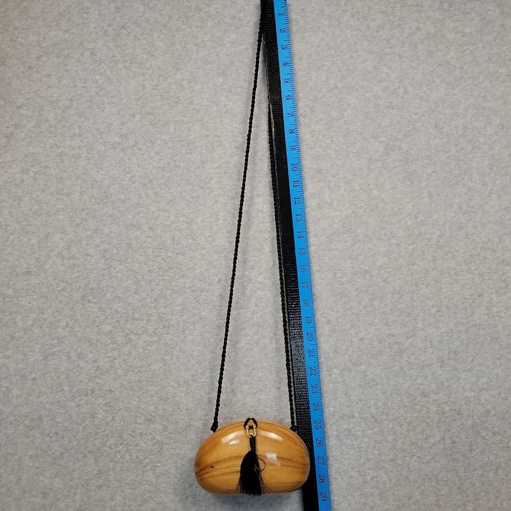 Timmy Woods Beverly Hills Handcrafted Clutch Bag Black Tassel Strap Acacia Wood